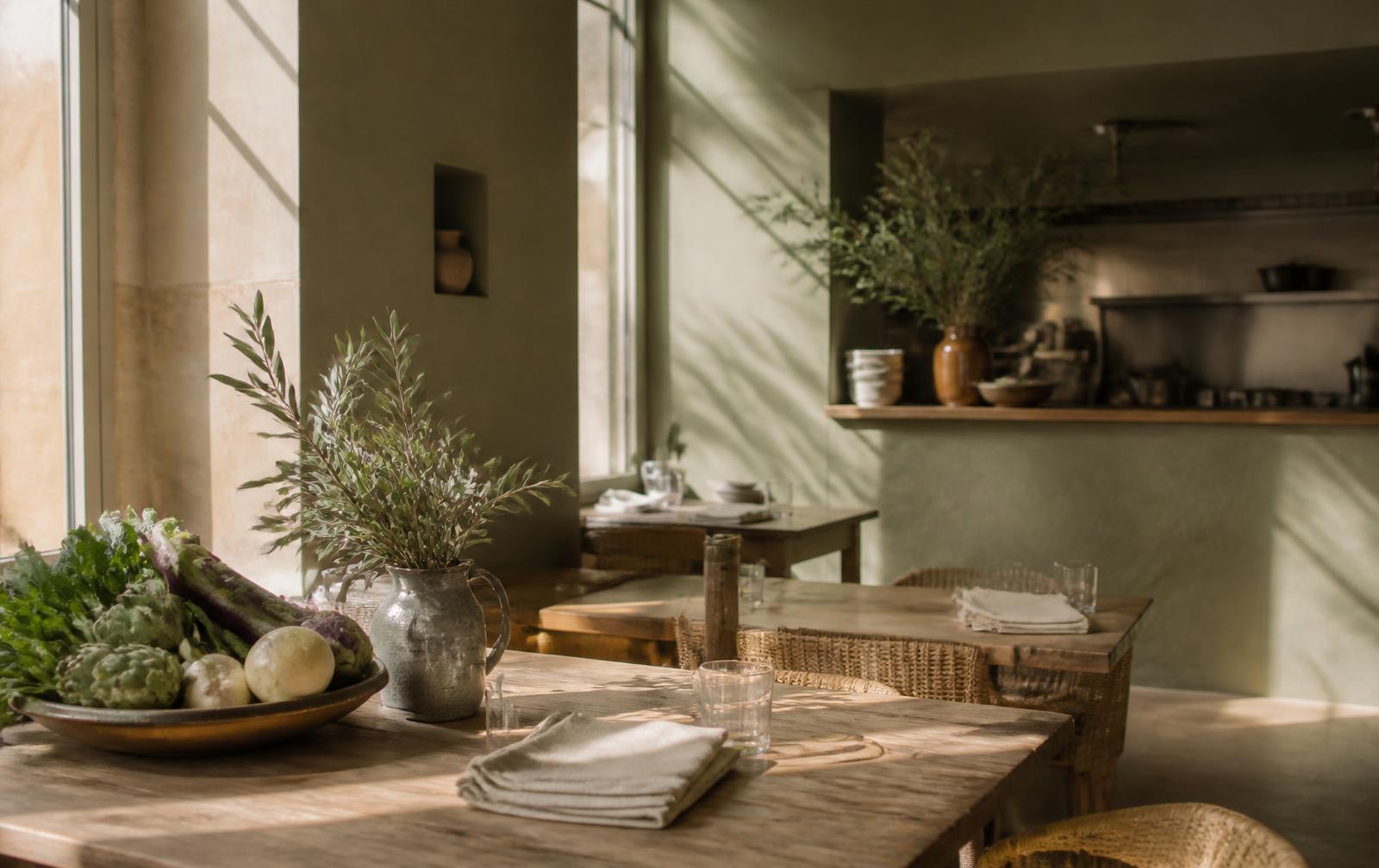 Salle lumineuse du Café Passion : tables en bois, légumes de saison et cuisine ouverte